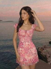 Vestido mini de flores para mujer, ideal para vacaciones de verano - Rosa 2 - Ver 3