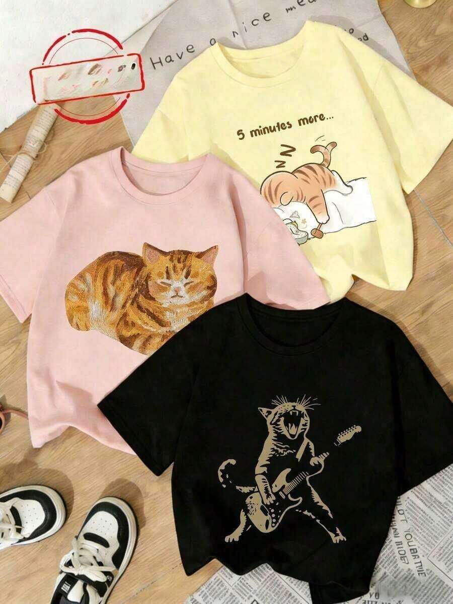 Single Garment, Not A 3-Piece Set. Set Of 1.3 Pieces: Women's Round Neck Short Sleeve Summer T-Shirt, Cute Cartoon Cat Print, Casual Pink Y2k T-Shirt Shirt | Exquisite Design | Loose And Comfortable | Easy To Match | - 黑色 - 查看 1