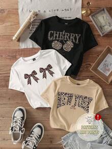 3 Minimalist Casual Long-Sleeved T-Shirts With A Round Neck, Leopard Print, Bow, And Cherry Motif, New York Style, For Women, Suitable For Summer And Back To School. | Exquisite Design | Loose And Comfortable | Easy To Match | - 白色 - 查看 8