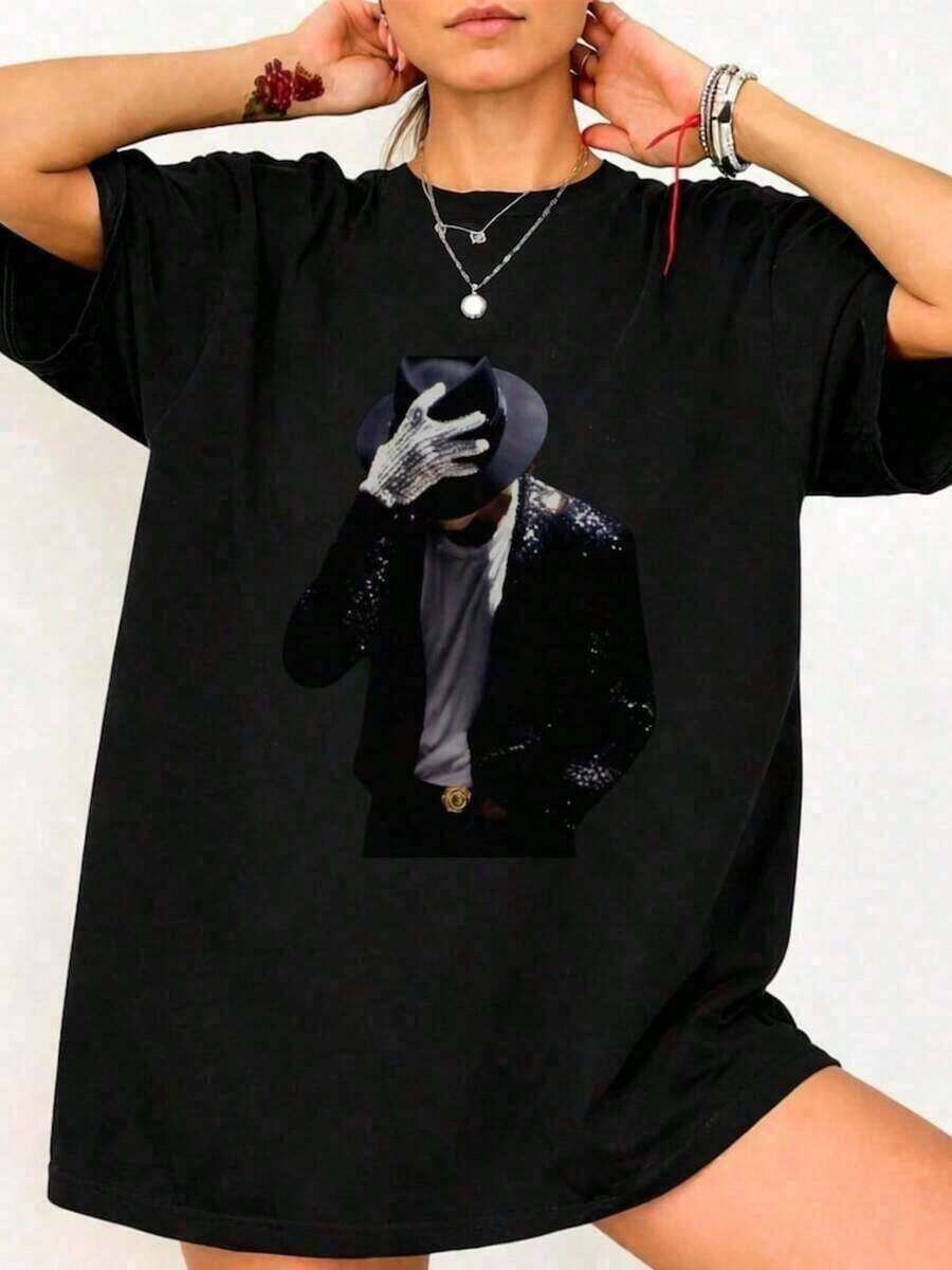1pc Women's Blouse, Fashionable Men's Shirt With Jackson Print, Retro Shirt From The 90s, Unisex Pop Culture Streetwear, Matching Sets For Parents And Children, Anime Merchandise, Anime Shirts - Graphic Shirts - 黑色 - 查看 1