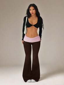 Pantalones acampanados con cintura plegable de color contrastante para mujer - Marrón - Ver 3