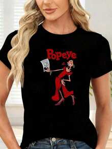 Loose1pcT-Shirt With A Print Of A Female Character In A Red Dress, Ideal For Casual Wear And Themed Events, Comfortable And Lightweight For Everyday Use. Basic Crew Neck Cotton T-Shirt For Women - 黑色 - 查看 1