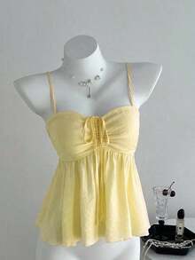 Camiseta de tirantes con volantes de unicolor lindo para damas, ropa de verano para la universidad - Amarillo 2 - Ver 1
