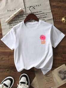 Women's Sets: Women's Summer T-Shirt With Daisy Print And "Happy Vibes", Loose Fit, Round Neck, Casual Style For Everyday Street Wear, White Color. - 白色 - 查看 6