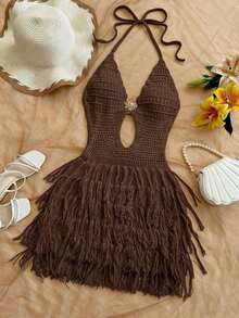 Vestido de suéter ajustado con cuello en V, escote halter y espalda con lazo, estilo bohemio, para vacaciones, otoño/invierno - Café integral - Ver 5
