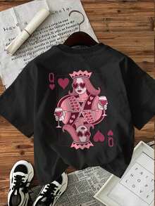 [Double-Sided Print]Women's Summer Casual T-Shirt, Modern Style, Poker Ace Print, Round Neck, Pure Cotton Short Sleeve T-Shirt[LingK]For Daily Wear, Comfortable And Skin-Friendly. - 黑色 - 查看 3