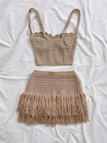 Nuevo conjunto de 2 piezas con corpiño con forma de concha y falda deslizante con dobladillo con flecos, ajustado de cintura baja, estilo bohemio, boho, para vacaciones, otoño, ropa de mujer, vintage, días festivos - Caqui - Ver 2