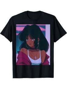 Retro Anime Graphic T-Shirt For Girls - Vintage Black 90s Japanese Anime T-Shirt, Soft And Breathable Long Dark Hair T-Shirt, Casual Everyday Wear For Men, Women And Teens - Gift Idea For Anime Fans, Pop Culture Clothing, Bold Print Design, Plus Sizes | Exquisite Design | Loose And Comfortable | Easy To Match | - 黑色 - 查看 6