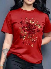 Envío gratis, entrega local enéxico, entrega en 4 días. Camiseta gráfica para mujer, manga corta, cuello redondo, básica, cómoda, fresca, ligera, corte regular, moderna, juvenil, estampada con rosas, flores, purpurina 3D, mariposas, insectos. - Rojo - Ver 1