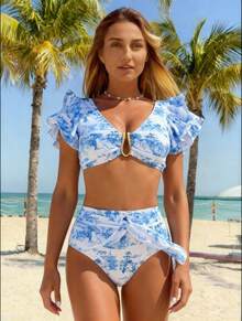 Traje de baño de dos piezas para mujer, sexy, de cintura alta, con volantes y cuello en V, traje de baño sexy de 7 piezas que cubre el abdomen para mujer. - Azul - Ver 1