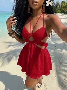 Vestido corto de mujer de crepé blanco con escote halter, encaje, parches y falda paraguas calada, versátil, casual y elegante, adecuado para vacaciones, viajes, playas, zonas costeras, piscinas, yates, tomar el sol, lindo y dulce - Rojo - Ver 7