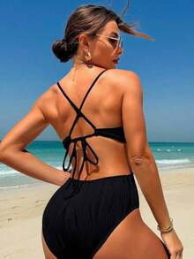 Traje de baño de una pieza con diseño de espalda descubierta, de unicolor, fashionable, para playa de verano, color blanco - Negro - Ver 2