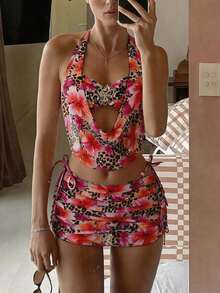 Women's Spring And Summer Beachwear Set, Featuring A Printed Mesh Tank Top With A Deep Neckline And Gold Flower Embellishment, And A Fitted Bodysuit Skirt. Earth-Toned Dress, Scarf, And Slip Dress Set For Vacation. - 多色 3 - 查看 11