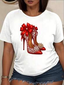 Women's Short-Sleeved T-Shirt With Round Neck, Featuring A Red High-Heeled Shoe Print, Women's Clothing, Casual Short-Sleeved Round Neck Top For Spring And Summer. - 白色 - 查看 2