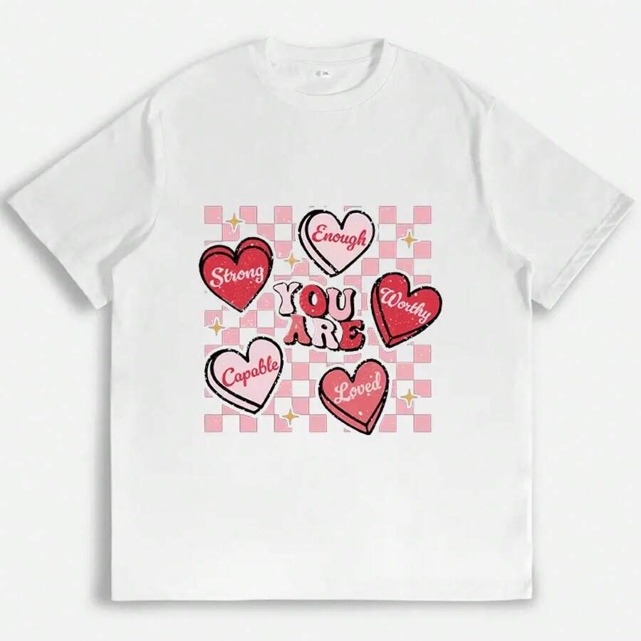 You Are Strong Enough, Capable Enough, Worthy Enough, And Loved Enough. Inspirational Self-Love Graphic Tee. Heart Design Tee. Casual Everyday Wear. Gift For Friends. Y2K Style Graphic Tee For Women. Motivational Self-Care Apparel. - 白色 - 查看 1