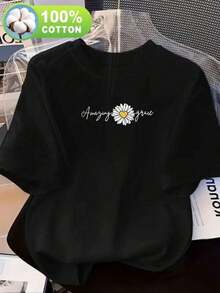 Camiseta de mujer, camiseta casual de manga corta con cuello redondo, 100% algodón puro, la elección perfecta para primavera y verano, camiseta para uso diario. |       Camiseta estampada |       Tela ligera, top casual de corte holgado para el día a día, transpirable y cómodo, imprescindible para todas las estaciones (lavable a máquina) - Ropa para el fin de semana, diseño divertido, camiseta de cuello redondo para mujer. - Negro - Ver 1