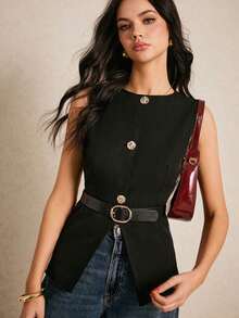 Chaleco de traje de mujer con cinturón, chaleco de traje con cintura, decoración de dobladillo asimétrico, botón metálico de solapa única, blazer informal sin mangas, traje negro, verano, mujer, negocios, mujer, overoles, blazer, trabajo, mujer, abotonado, mujer, festival, dinero viejo en otoño/invierno - Negro 2 - Ver 8