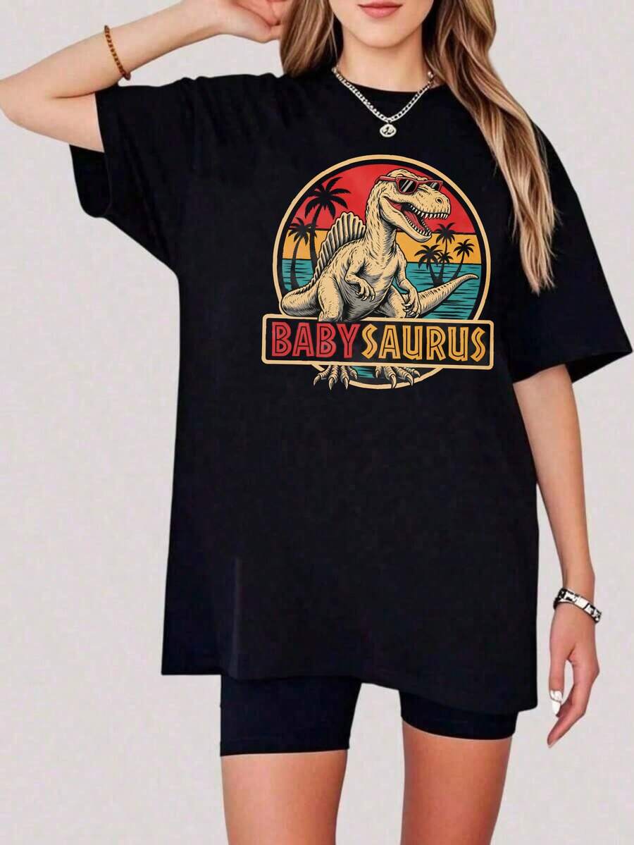 1 Piece Unisex Loose-Fitting Short-Sleeved T-Shirt, Crew Neck, 180g, 100% Pure Cotton, With A Retro Family Dinosaur Print (Grandpasaurus/Grandmasaurus/Sistersaurus) With Sunset And Palm Trees. Y2K Bababask Style, Y-Inspired, Ideal For Summer, Everyday Wear, Festivals, Beach Outfits, Suitable For Plus Sizes And All Year Round. - 黑色7 - 查看 1