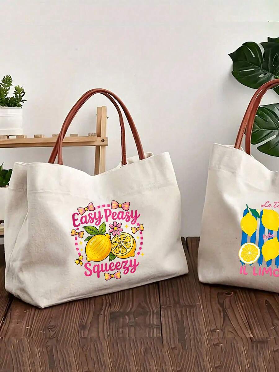 Vibrant Lemon Pattern Printed Tote Bag, Reusable Printed Women's Tote Bag, Double Handle Shopping Book Bag, Large Capacity Shoulder Bag, Casual Commute - Multicolor - View 1
