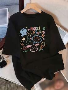 Women's Custom Heavyweight Pure Cotton Short Sleeve T-Shirt With Summer Cartoon Letter Print, Loose Fit, Versatile, Figure-Slimming Short Sleeve Top For Students - Unisex Loose Fit Cotton Short Sleeve Crew Neck Urban Vintage Style T-Shirt. - 黑色 - 查看 7