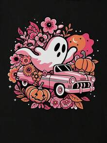 Camiseta de mujer con estampado de fantasma, calabaza y coche para HalloweenPure-Cotton - Negro - Ver 6