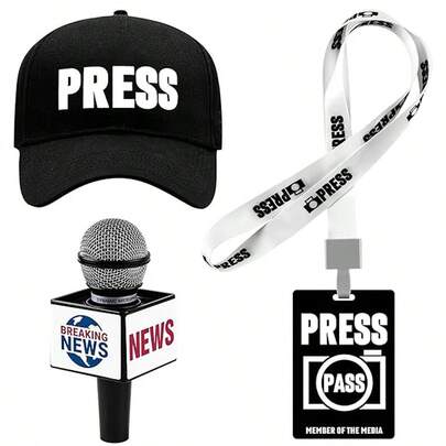 Conjunto de accesorios de disfraz de periodista y presentador de noticias, sombrero y micrófono de reportero de medios, adecuado para Halloween, Día de la Carrera, Fiesta
