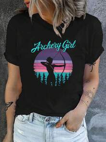 Camiseta de mujer - Camiseta vintage con silueta de arquero - Top de manga corta y cuello redondo con estampado de arquero - Estilo casual de primavera/verano para entusiastas del tiro con arco - Lavable a máquina, corte regular, para uso diario. - Negro - Ver 1