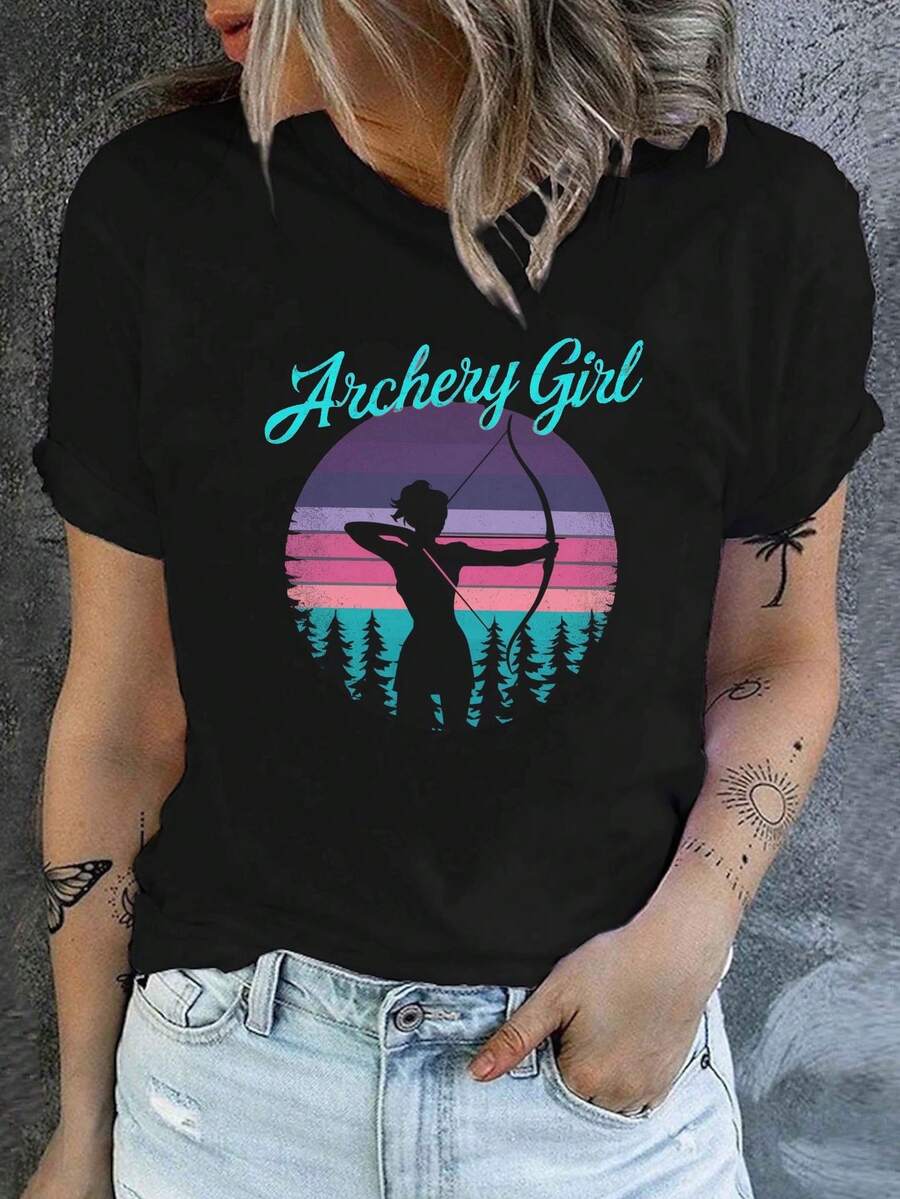 Camiseta de mujer - Camiseta vintage con silueta de arquero - Top de manga corta y cuello redondo con estampado de arquero - Estilo casual de primavera/verano para entusiastas del tiro con arco - Lavable a máquina, corte regular, para uso diario. - Negro - Ver 1