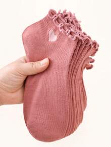 5 Pairs Solid Color Cute Heart Design Simple Fashion Short Socks For Women - Burnt Orange - View 2