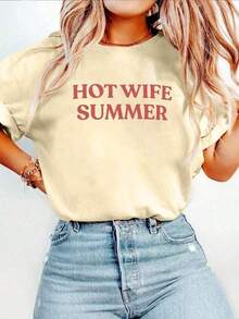 Women's Casual Short-Sleeve T-Shirt With Summer Slogan Print, Ideal For Summer Vacation, Women's Vacation-Themed Short-Sleeve Top, Humorous Casual Graphic Tee, Women's Holiday Outfits. - 白色 - 查看 7