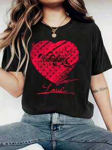 1 Paquete Camiseta Estampada Del Día De San Valentín Para Mujer De 200 G M² - Cuello Redondo De Punto De Poliéster Casual - Camiseta Ligera Y Transpirable Para Todas Las Estaciones Round Neck Printed Short Sleeve Casual Everyday T-Shirt, They Are Excellent Gifts For Friends And Family,100% Cotton T-Shirts Feature, A Youthful And Fashionable Design Blusas Para Mujer Camisa - Negro - Ver 1