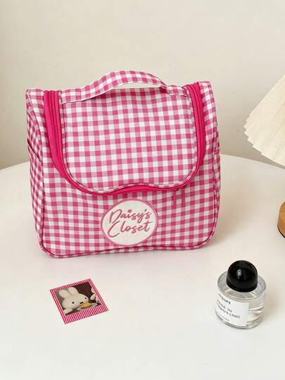 1 Pc Kawaii Pink Gingham Women Cosmetic Bag With Hook Embroidered Waterproof Toiletry Mmakeup Organizer Large Capacity Portable Travel Makeup Storage Pouch