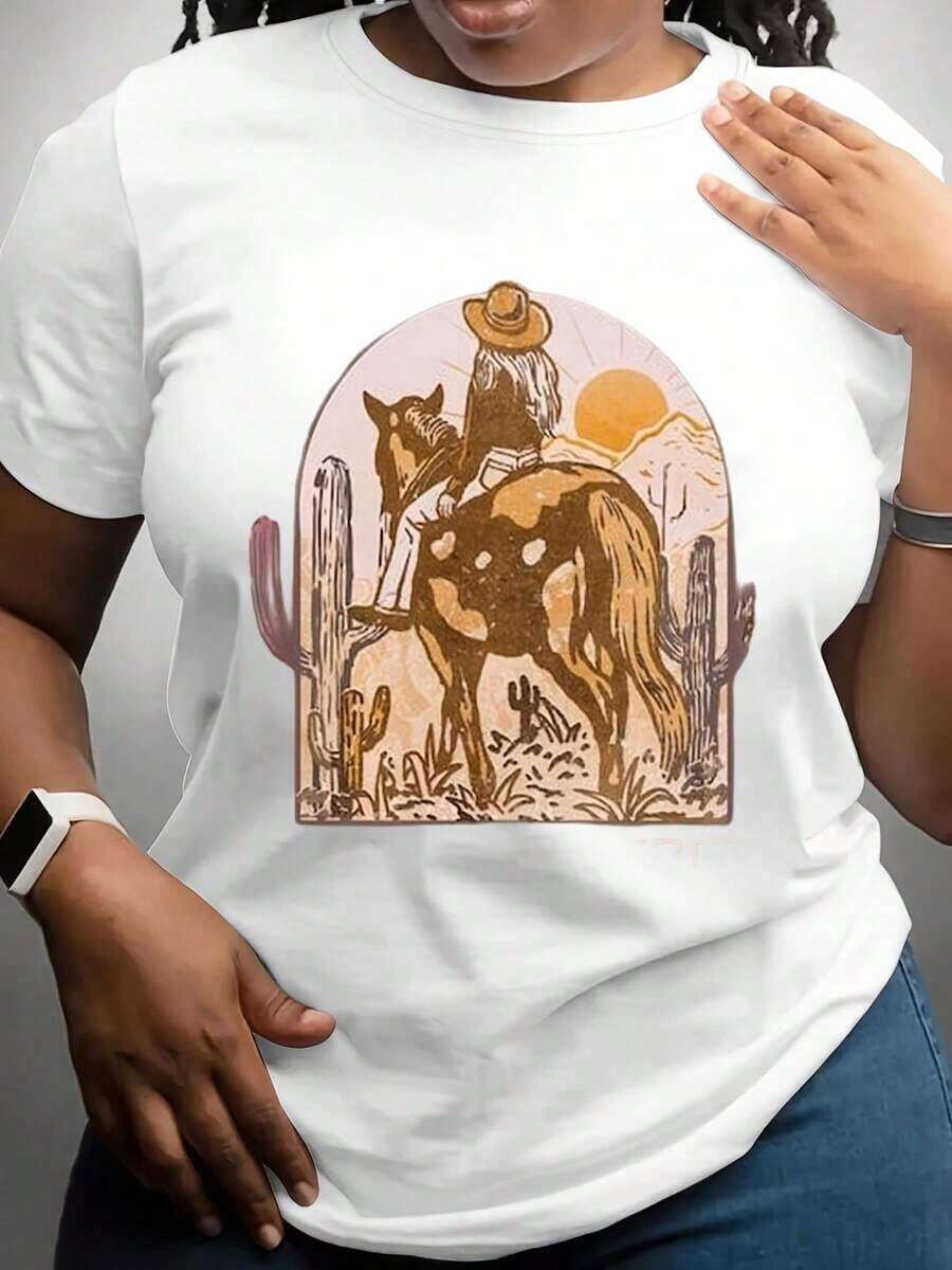 Camiseta de mujer con estampado de escena del desierto con vaquero montando a caballo, cactus y puesta de sol, estilo boho, para aventuras al aire libre y uso casual. - Blanco - Ver 1