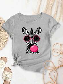 Top de manga corta con cuello redondo, elástico, lavable a máquina, suave, de corte holgado y ajustado, con estampado de cebra de dibujos animados, elegante y a la moda para fiestas, ideal como regalo para mujer. - Gris - Ver 6