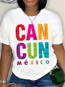 Camiseta de diseño tropical colorido de Cancún, México, para mujer, informal, para vacaciones de verano, viajes, con estampado gráfico, 220g, playeras de mujer - Negro - Ver 8