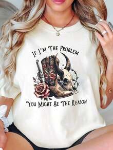ropa de mujer Camiseta con estampado de bota de vaquero, calavera, rosa y pistola estilo western. Camiseta gráfica para mujer con el mensaje "Si yo soy el problema, tú podrías ser la razón". Atuendos casuales estilo country, moda, camisas de mujer. - Blanco - Ver 2