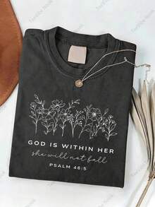 1 pieza de camiseta para mujer 2026 - Camiseta con versículo bíblico inspirador - Salmo 465 "Dios está en su medio, y ella no vacilará" - Estampado floral y de versículos en verde claro, camiseta de manga corta con cuello redondo, estilo casual vintage lavado suave, adecuada para primavera, verano y otoño, ropa de fe cristiana. Top de verano holgado y cómodo 180g 100% algodón - Negro - Ver 1