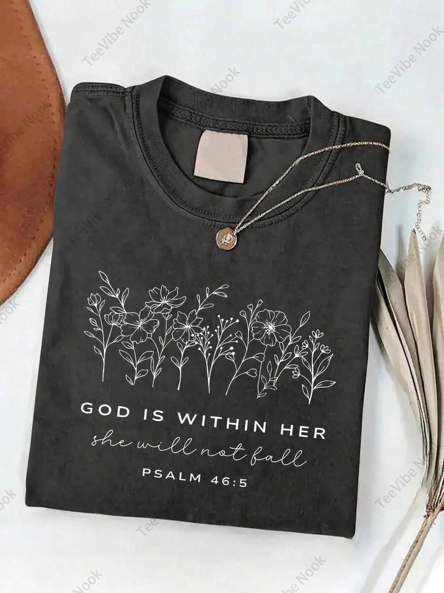 1 pieza de camiseta para mujer 2026 - Camiseta con versículo bíblico inspirador - Salmo 465 "Dios está en su medio, y ella no vacilará" - Estampado floral y de versículos en verde claro, camiseta de manga corta con cuello redondo, estilo casual vintage lavado suave, adecuada para primavera, verano y otoño, ropa de fe cristiana. Top de verano holgado y cómodo 180g 100% algodón - Negro - Ver 1