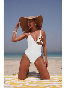 Nuevo Traje de Baño de Una Pieza Sexy y a la Moda para Mujer, Color Sólido con Diseño de Pentagrama, Traje de Baño Más Vendido. - Traje de baño blanco 9360 - Ver 8