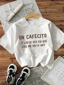Camiseta de Verano para Mujer con Estampado de Entusiasta del Café, Estilo Casual y a la Moda, Cuello Redondo - Blanco - Ver 8