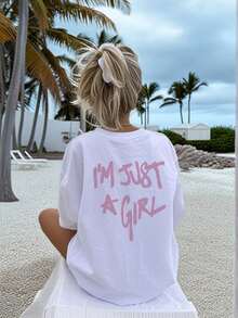I'm Just Girl - Women's Summer T-Shirt, Urban Style, With Custom Letter Print, Round Neck, Everyday Wear, Women's Top. Printed T-Shirts For Women - 白色 - 查看 6