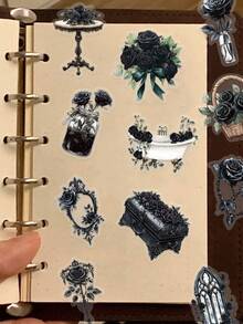 50pcs Dark Rose Theme Stickers, PET Material, Dark Rose Vine & Thorn Pattern, Suitable For Planner, Car, Skateboard, Luggage, Atmosphere-Enhancing, Elegant & Mysterious - View 5