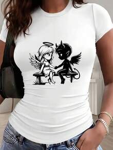 Intertwined Angel And Demon Print - Y2K Style - Women's Small Size Fitted Casual Sporty Solid Color T-Shirt With Waist Pleats, Round Neck, Short Sleeve, Suitable For All Seasons. - 黑色 - 查看 7
