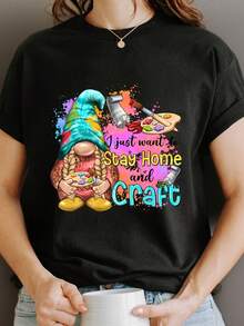 Women's Cotton T-Shirt "I Just Want To Stay Home And Do Crafts" With Gnome Design - Short Sleeve, Crew Neck, Artistic Paint Splatter Print, Machine Washable, Casual Spring And Summer Wear, Durable, Lightweight Fabric, Ideal For Craft Lovers - 黑色 - 查看 2