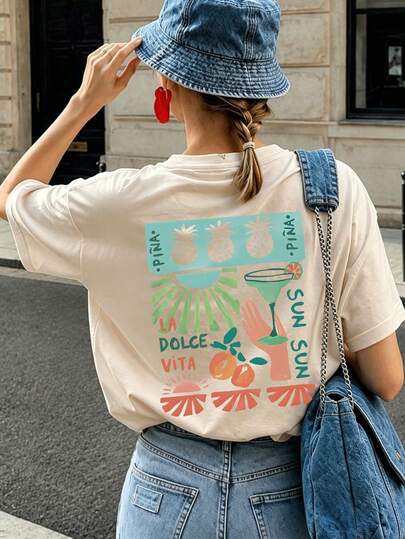 Summer New Minimalist Fashion Vacation Style Hand-Painted Fruit & Letter Print Casual Round Neck Apricot Short Sleeve T-Shirt, Versatile & Fashionable Women Top