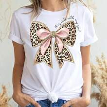 Women's Short-Sleeved, Crew-Neck Cotton Graphic T-Shirt, Designed By Fashion Designers, Featuring A Leopard Bow Print. Comfortable, Breathable, And Classically Cut, Ideal For Campus Gatherings And Casual Summer Outfits. Excellent As A Gift For Women (Sportswear And Outdoor Wear). - 白色 - 查看 4