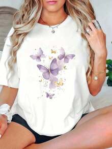 Under The RadarCamiseta de verano para mujer en blanco, morado y dorado con estampado de mariposas, manga corta con estampado degradado brillante, prenda delicada y versátil.-Vintage Street Style Unisex Loose Cotton Short Sleeve Crew Neck T-Shirt - Blanco - Ver 1