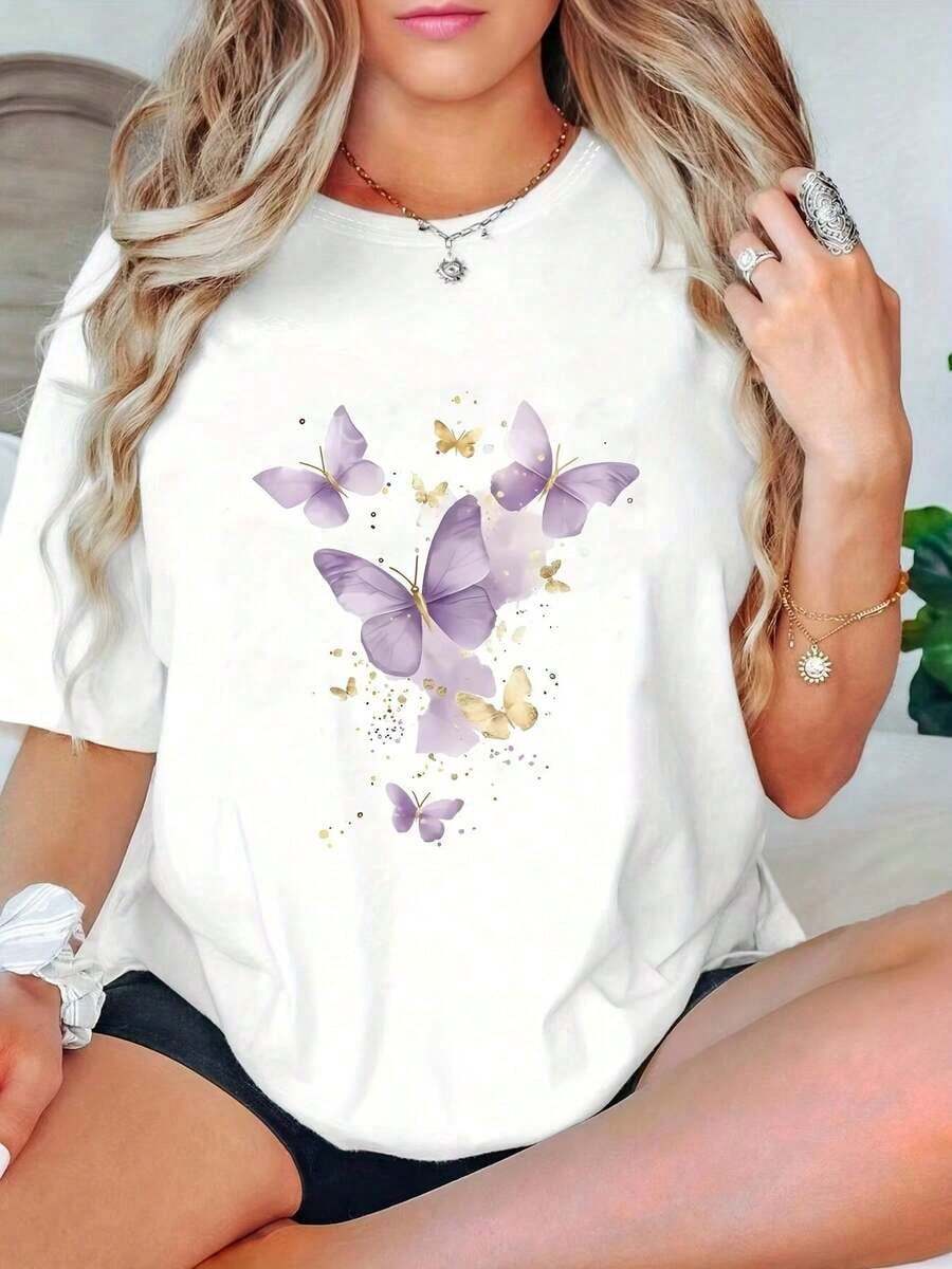 Under The RadarCamiseta de verano para mujer en blanco, morado y dorado con estampado de mariposas, manga corta con estampado degradado brillante, prenda delicada y versátil.-Vintage Street Style Unisex Loose Cotton Short Sleeve Crew Neck T-Shirt - Blanco - Ver 1