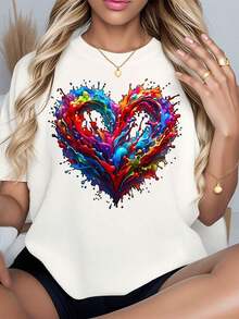 2026 Camiseta de manga corta para mujer en blanco y negro, 220g, con estampado de corazones coloridos, camiseta casual de corte holgado, top de manga corta, camisa de moda, ropa fresca de verano para mujer, ideal para el hogar, actividades al aire libre, regalo para el Día de San Valentín, fiesta, camiseta fresca de verano para mujer. - Blanco - Ver 5
