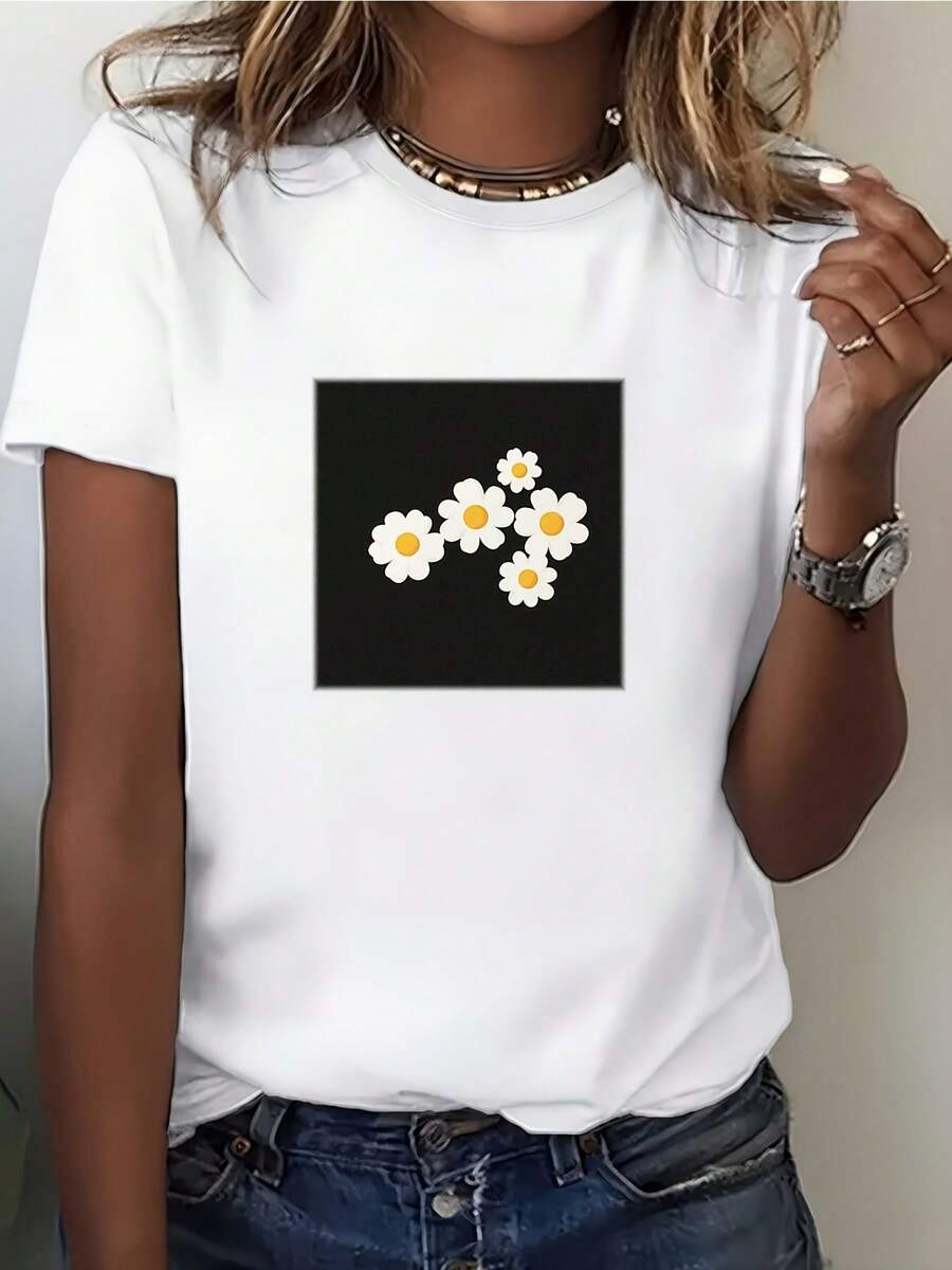 Camiseta Floral Fun de 180g para Mujer - ¡Perfecta para el Verano, Reuniones Familiares y Fiestas de Oficina!Diseño elegante con estampado de margaritas, regalo ideal para vacaciones y ocasiones especiales. - Blanco - Ver 1